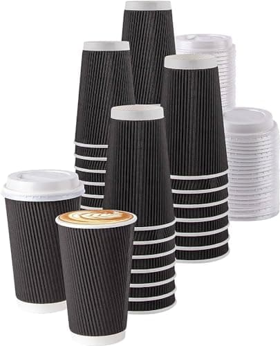 Image of HOT BARGAINS 16oz Black Ripple Kraft Paper Cups with Reusable Lids, Triple Wall Insulated for Hot and Cold Drinks, Pack of 50