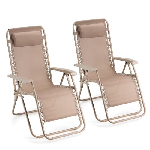 Image of VonHaus Zero Gravity Chairs Set of 2 - Reclining Sun Loungers for Garden - Textilene Folding Sunloungers with Detachable Headrest - Fold Away 2 Set Deck Chairs for Outdoor, Patio (Taupe)