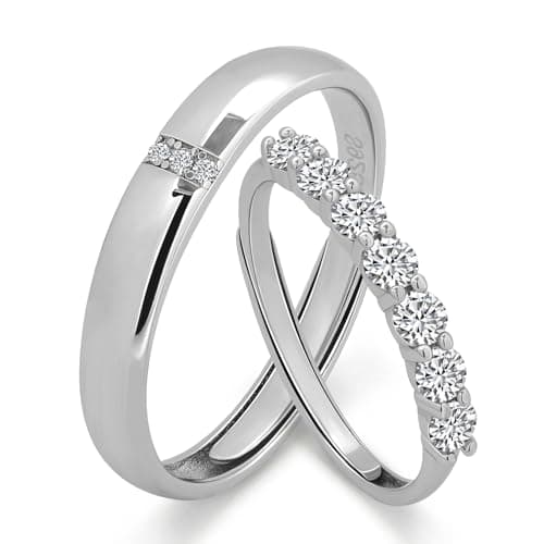 Image of Meissa Couple Rings Sterling Silver Dainty Wedding Bands Men and Women Promise Rings Cubic Zirconia Matching Ring Size Adjustable (Set of 2 rings)