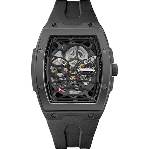 Image of Ingersoll The Rim Mens 42mm Automatic Watch with Black Skeleton Dial and Black PU Strap I16201