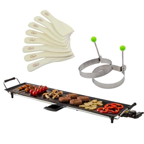 Image of Quest XXL Teppanyaki Grill, Non Stick Electric Grill, Adjustable Thermostat, Includes 8 Wooden Spatulas & 2 Egg Rings, For Parties, Family Meals & More, 90cm x 26cm Cooking Plate
