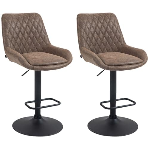 Image of HOMCOM Breakfast Bar Stools Set of 2 with 51x40cm Wide Seat, Height Adjustable Kitchen Counter Chairs, Retro Swivel Upholstered Barstools with Back, Footrest and Steel Base, Coffee