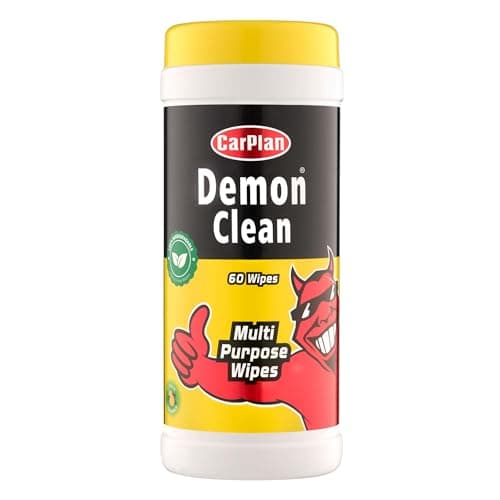Image of CarPlan Demon Multi-Purpose Wipes – 60 Pack – Biodegradable, Plastic-Free Car & Home Cleaning Wipes – Streak-Free, Non-Greasy Finish – Reusable Tub for Dashboards, Trims & Worktops