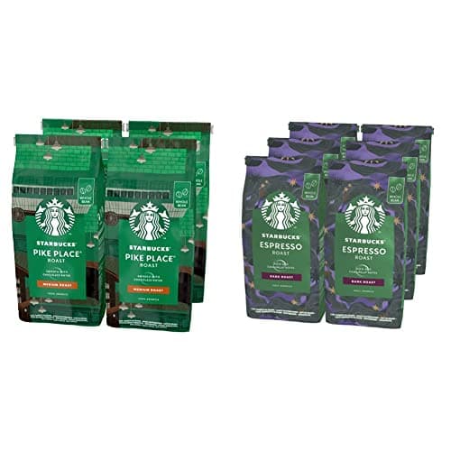 Image of Starbucks Pike Place Medium Roast Coffee Beans 450g bag (Pack of 4) & Espresso Roast Dark Roast Whole Bean Coffee, 200 g (Pack of 6)