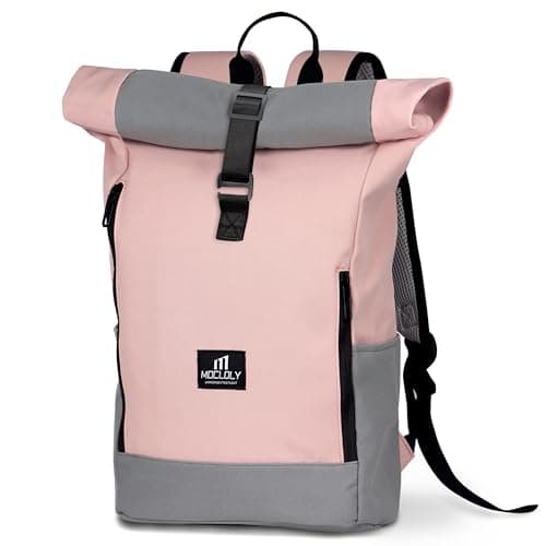Image of MOCLOLY Roll Top Backpack Womens & Mens, Waterproof Rolltop Backpack - Daypack fit 17 Inch Laptop Rucksack for Travel, Casual or Hiking - Pink