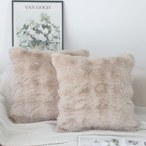 Image of NIULAA Set of 2 Beige Cushion Covers 50cm x 50cm Soft Fluffy Faux Fur Cushion Cover Thick Plush Luxury Decorative Pillows 20x20 Inches Modern Moroccan Covers Bedroom Sofa Pillows