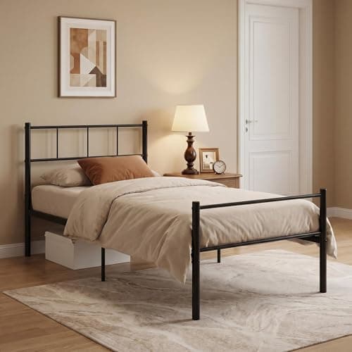 Image of Panana Single Metal Bed Frame, 3FT Modern Design Bed Base with Strong Metal Slats, Headboard and Footboard bedroom furniture for Kids Adults (Black)