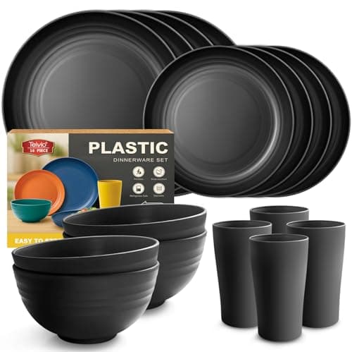 Image of Teivio 16-Piece Kitchen Plastic Dinner Set, Service for 4, Dinner Plates, Dessert Plates, Cereal Bowls, Cups, Unbreakable Plastic Plates and Bowls Set, Outdoor Camping Dishes, Black