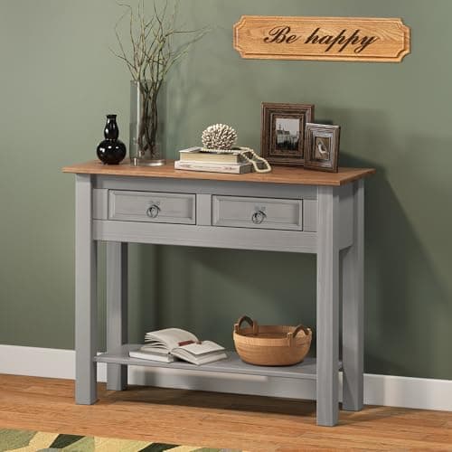 Image of Corona Grey Wax 2 Drawer Console Table Painted Solid Wood Pine Wooden Mexican Shabby Chic Hallway Entrance Storage Display Sideboard 73cm High 88cm Wide 32cm Deep