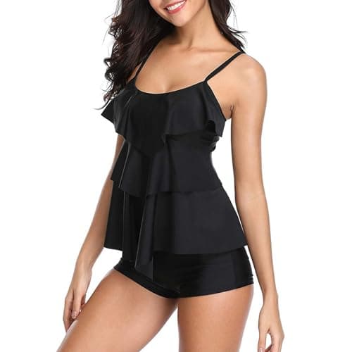 Image of InfiniZer Plus Size Swimwear for Women, 2 Piece Tankini with Halter Neck, Flounce Printed Top and Boyshorts (UK, Alpha, M, Regular, Regular, Black)
