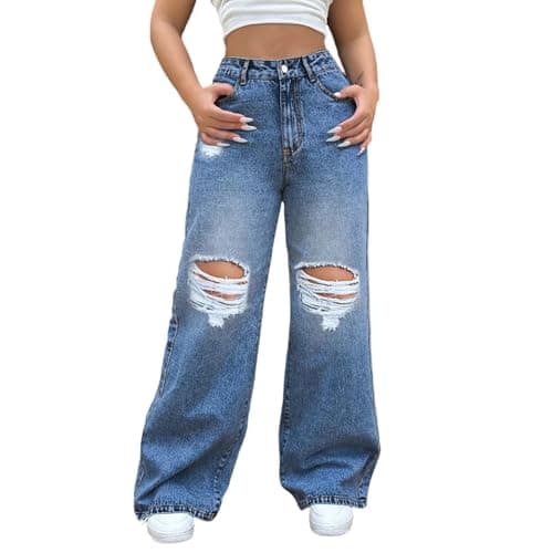 Image of Distressed Wide Leg Jeans for Women UK, Ripped Denim Trousers with Knee Holes, High Waist Baggy Fit Stretch Jeans, Chic Elegant Ladies Casual Pants