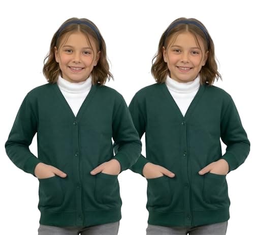 Image of GW CLASSY OUTFIT Girls School Cardigan (Pack of 2) Kids Fleece Schoolwear Button Cardigan Uniform Sweatshirts Age 5 6 7 8 9 10 11 12 13 14 Years (11-12 Years, 2X Bottle Green)