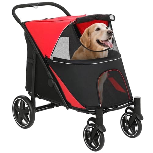 Image of PawHut Dog Stroller, Foldable Pet Pram Dog Pushchair Buggy with Adjustable Canopy for Medium and Large Breeds, Red