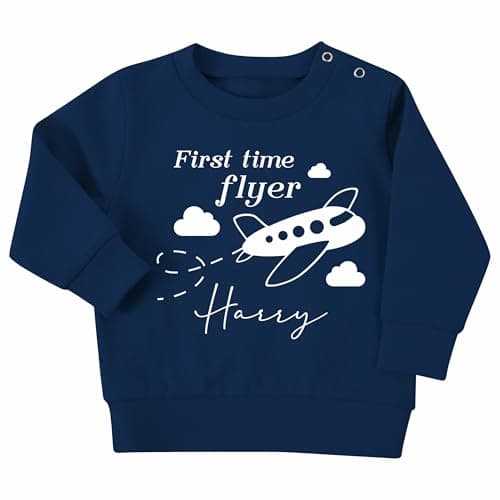 Image of Crwban® - First Time Flyer Personalised Children's Sweatshirt - Custom Name 1st Holiday Flight Jumper (UK, Age, 12 Months, 18 Months, Navy Blue)