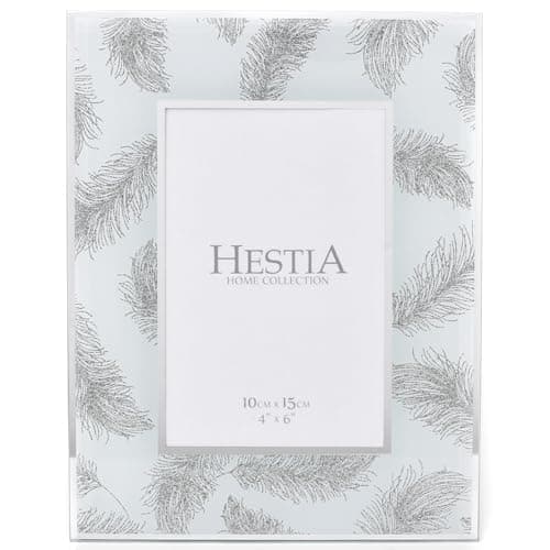 Image of Hestia Grey Feathers Glass Photo Frame 4" x 6" – Silver Mirrored Picture Frame for Contemporary Home Décor, Portrait or Landscape Display