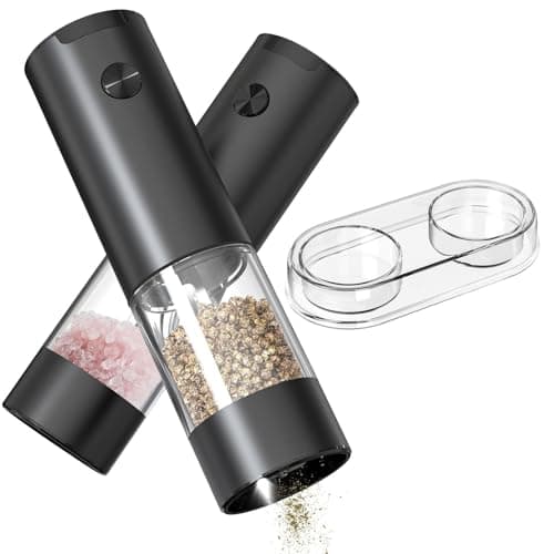 Image of CIRCLE JOY Electric Salt and Pepper Grinder Set Battery Powered Spice Mills with Base, Washable 95ml Transparent Container, White LED Light and Adjustable Coarseness, Black