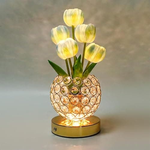 Image of JIAYOYO Rose Round Crystal Atmosphere Light, LED Flowerpot Desk Lamp, USB Charging Touch Control Vase Night Light,3-Color Light Changing/Stepless Dimming,Nightstand Touch Lamp for Bedroom,D