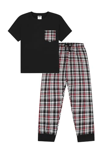 Image of ThePyjamaFactory Boys Black Red Check Woven Long Cotton Pyjama Set PJs for Kids (9-10 Years)