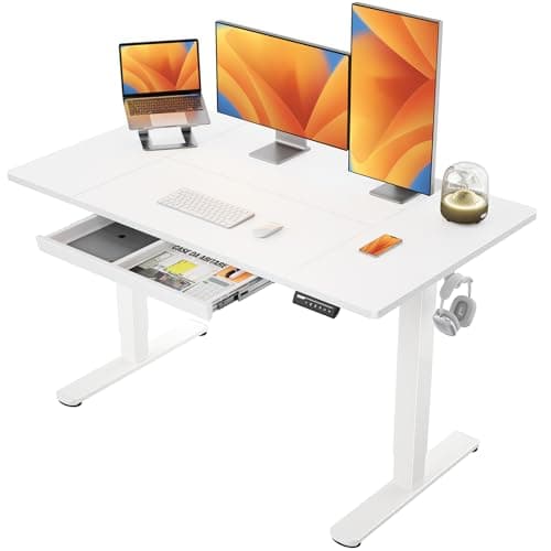 Image of ErGear Electric Standing Desk 140 x 80 cm, Height Adjustable Desk, Sit Stand Table with Easy-Glide Drawer & 4 Memory Smart Pannal, T-Leg Design for Stability, Splice Board, White Frame & Surface