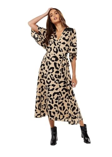 Image of Liquorish Women's Animal Print Maxi Wrap Dress with Kimono Sleeves in Cream Wedding, 14
