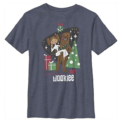Image of STAR WARS Christmas I'd Rather Kiss A Wookiee Boys T-Shirt, Navy Blue Heather, Medium