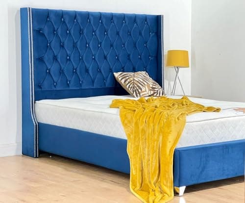 Image of J&S BEDS Beautiful Chesterfield Headboard Floor Standing 54" Bed Frame With Classic Look Handmade In Uk Soft Fabric (Mattress Not Included) - Royal Blue Velvet 4Ft6 Standard Double