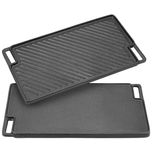 Image of Warmiehomy Cast Iron Griddle Pan,Double-Sided Non-Stick Pre-Seasoned Cast Iron Skillet BBQ Grill Pan for Gas Electric and Oven Safe,46x25cm Rectangular