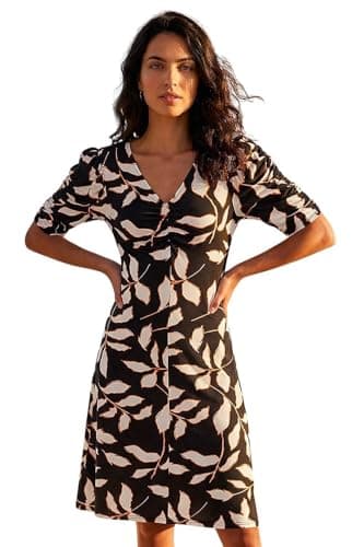 Image of Roman Originals Tea Dress for Women UK Ladies Skater Swing Fit & Flare Flattering Summer Knee Length Frill Hem Ruched Chest Casual Smart Cocktail Party Going Out - Black Natural - Size 10