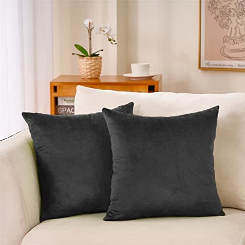 Image of Hafaa Velvet Cushions with Covers Included Sets 4 (2 Black Cushion Covers, 2 Cushion Inserts 45cm x 45cm) Luxury Decorative Fluffy Square Throw Pillow Case Sofa Cushion with Invisible Zipper