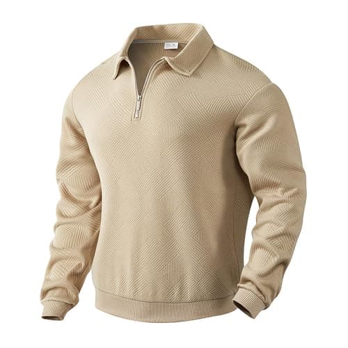 Image of MakingDa Collared Sweatshirt Men Long Sleeve Casual Smart Quarter Zip Polo Neck Jumpers Retro Jacquard Knitted Tops Regular Fit Winter Pullover Knitwear-Khaki-XL