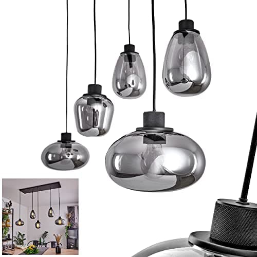 Image of Pendant light Barnegat, modern hanging light of metal/glass in antique silver/smoke colour, pendant light with lampshades of smoked glass (Ø 14 cm, 15 cm), max. 175 cm, 5-flame, 5 x E27, without bulbs