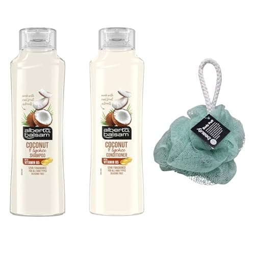 Image of @lberto Balsam Coconut & Lychee WITH Vitamin B5 Shampoo AND Conditioner 12HR Fragrance ~350ml, 1 Of Each With Free Beauty Body Puff(Any Colour)