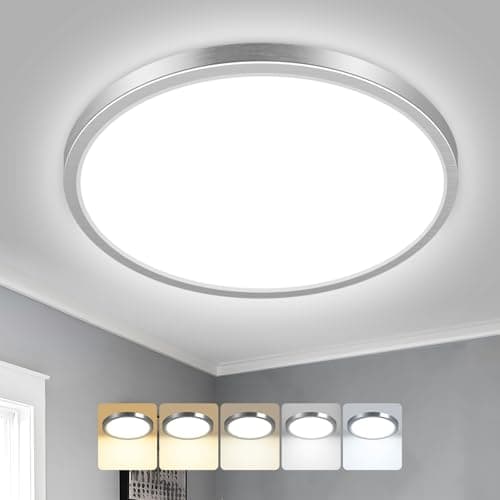 Image of Peasur Bathroom Light, 3000K/3500K/4000K/5000K/6500K 5 Color Temperature LED Ceiling Light, 18W 1800LM, IP54 Waterproof, Round, Modern, Flush Ceiling Light for Bathroom, KitchenØ22CM(Brushed Nickel)
