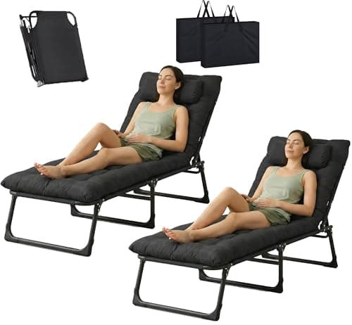 Image of LSBIKE Foldable Sun Lounger Bed Chair with Cushion Set of 2, Extra Wide Folding Sunbed with Adjustable Backrest, Breathable Oxford Fabric, Portable Sun Lounger for Garden, Patio, Camping (Black, 2pcs)