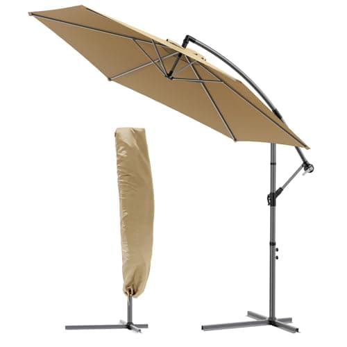 Image of VOUNOT® 3m Cantilever Garden Parasol, Banana Patio Umbrella with Crank Handle and Tilt for Outdoor Sun Shade, Khaki