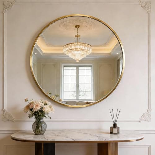 Image of October Elf 60cm Round Wall Mounted Mirror – Premium Aluminium Frame Circle Mirror – Waterproof, Dustproof – Modern Decorative Golden Wall Mirror for Bathroom, Hallway, Bedroom & Living Room