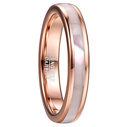 Image of VAKKI 4mm Rose Gold Tungsten Rings for Women Mother of Pearl Shell Inlay Wedding Ring Bands Size O