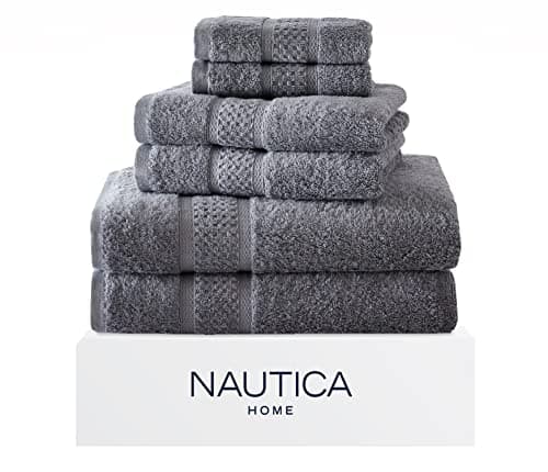 Image of Nautica - Bath Towels, 100% Soft & Absorbent Cotton Towels, Fade Resistant and Zero Twist Construction, Medium Weight Bathroom Towels (Oceane Grey, 6 Piece)