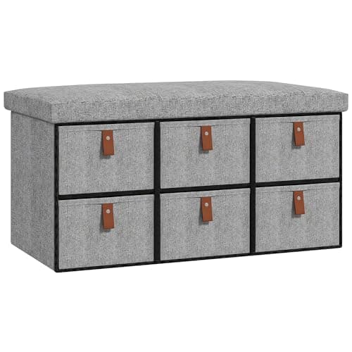 Image of HOMCOM Shoe Bench with Seat, Shoe Storage Bench with Cushion and 6 Fabric Drawers for Entryway, Hallway, Living Room, Bedroom, Light Grey