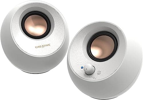Image of CREATIVE Pebble V3 Minimalist USB C 2.0 Desk Speaker with USB Audio, Clear Dialogue, Bluetooth 5.0, 8W Sine Wave Power at 16W Peak Power, USB-A Converter Included (White)