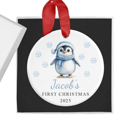 Image of Personalised Baby Boy's First Christmas Bauble with Gift Box - Blue Penguin - Custom Name & Year - Ceramic Tree Ornament Decoration Keepsake Gift for My 1st Xmas