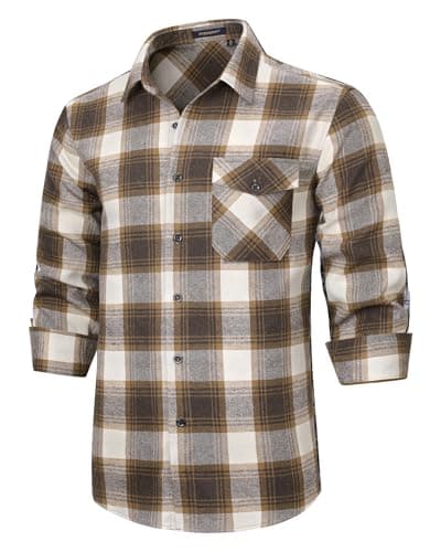 Image of HISDERN Lumberjack Shirt Mens Checked Shirt Regular Fit Plaid Flannel Shirt Long Sleeve with Pockets Brown 3XL