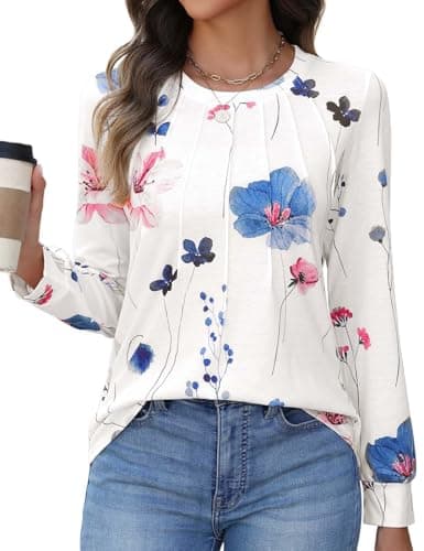 Image of PASUDA Womens Long Sleeve T-Shirts Casual Crew Neck Tops Elegant Pleated Floral Printed Cotton Tshirts Fashion Loose Fit Tunic Blouses Shirts(White Floral,XL)