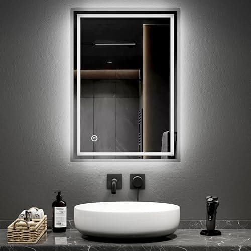 Image of EMKE Illuminated Bathroom Mirror with Shaver Socket, 50 x 70 cm Wall Mounted Bathroom Mirror with Lights and Shaver Socket, Anti-fog/Dimmable/Touch Switch, Hardwired, IP44