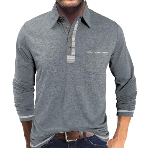 Image of PRIVIMIX Mens Polo Shirts Long Sleeve Basic Golf Rugby Shirt with Pocket Casual Polos T-Shirts Work Tops with Plaid Collar Grey 3XL