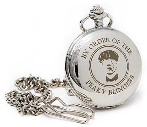 Image of Regalo Silver Pocket Watch with Peaky Blinders Design – Personalised Engraved Gift Box, Mens Vintage Fob with 12in Albert Chain, 45mm Quartz, Birthday Christmas Gift (Design & Gift Box Engraving)