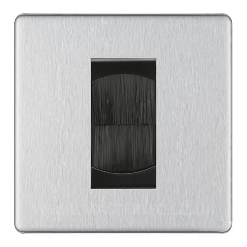 Image of BG Screwless Brushed Steel Single 1 Gang Brush Cable Entry Wall Plate Black Insert Square
