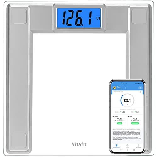 Image of Vitafit 250kg Digital Bathroom Scales for Body Weight and BMI Via Smart APP, High Accuracy Assured by Weighing Professional SINCE 2001, 8mm Tempered Glass, Extra Large Blue Backlit LCD, Silver