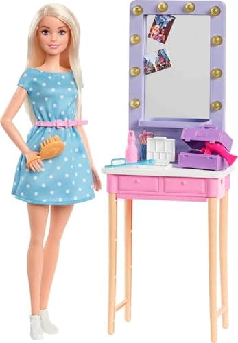 Image of Barbie GYG39: Big City, Big Dreams “Malibu” Roberts Doll (11.5-in, Blonde) and Backstage Dressing Room Playset with Accessories, Gift for 3 to 7 Year Olds, Multicolor