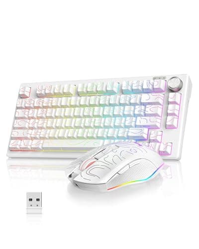Image of RedThunder K75 75% Wireless Membrane Keyboard and Mouse,3-Mode 2.4G/BT/USB-C,US Layout Side-Engraved,Volume Knob,TKL Ultra Compact Design,Optical Gaming Mouse with 4800DPI for PC Mac (Contour White)